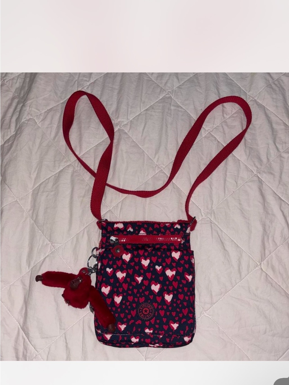 Kipling Navy Blue and Red Heart Print Crossbody Bag